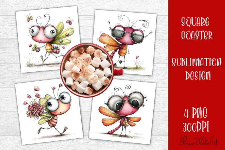 Dragonfly square coaster sublimation | Whimsical coaster PNG