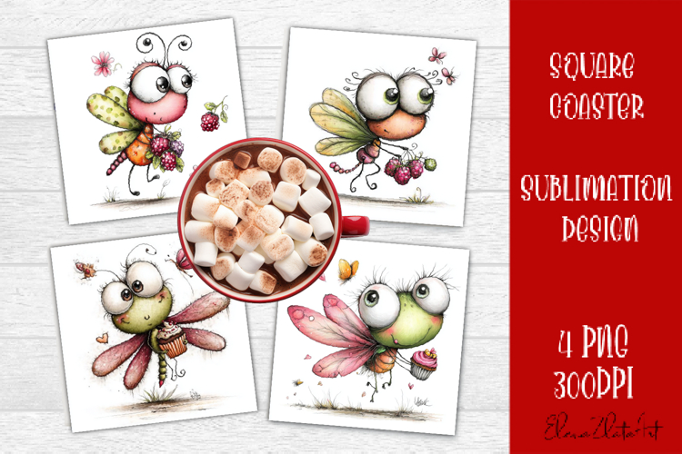 Dragonfly square coaster sublimation | Whimsical coaster PNG