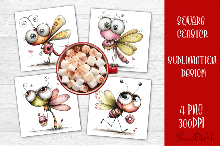 Dragonfly square coaster sublimation | Whimsical coaster PNG