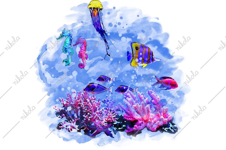 Underwater Sea Fish Aquarium Corals Watercolor PNG JPG example image 1