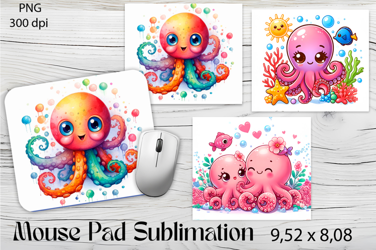 Watercolor Octopus Mouse Pad Design, Sea Sublimation Designs
