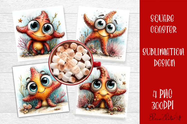 Sea starfish square coaster sublimation PNG design example image 1