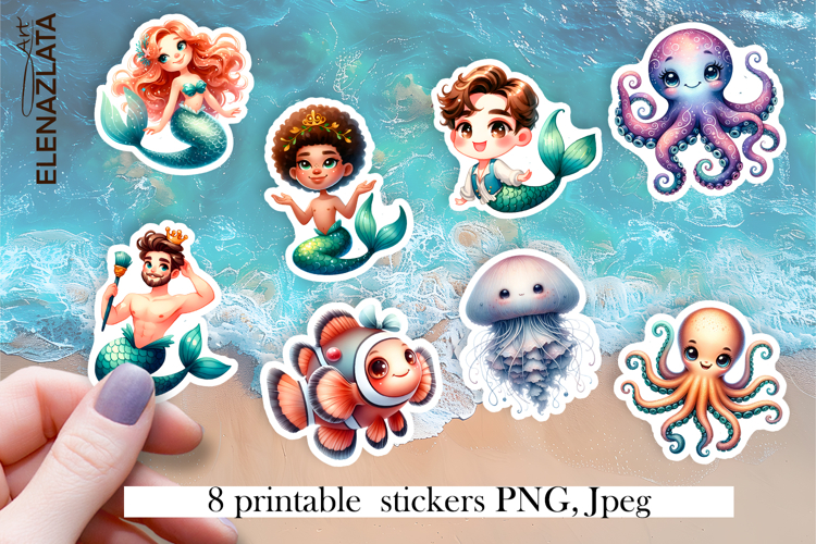 Cartoon Mermaid Sticker Sheet | Cute Printable PNG Stickers