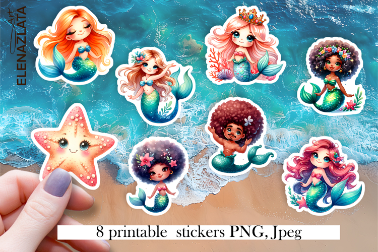 Cartoon Mermaid Sticker Sheet | Cute Printable PNG Stickers