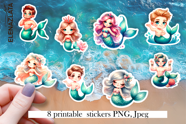 Cartoon Mermaid Sticker Sheet | Cute Printable PNG Stickers