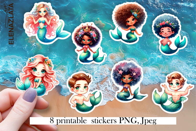 Cartoon Mermaid Sticker Sheet | Cute Printable PNG Stickers