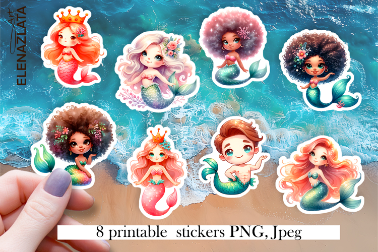 Cartoon Mermaid Sticker Sheet | Cute Printable PNG Stickers
