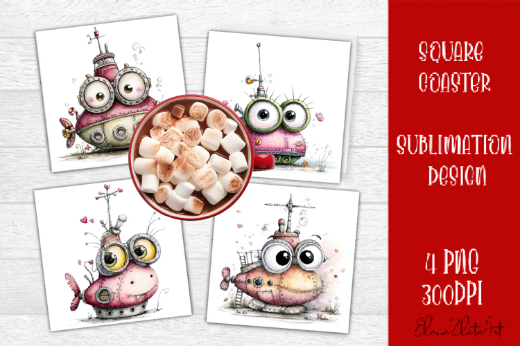 Sea submarine Square Coaster Sublimation PNG | Nautical example image 1