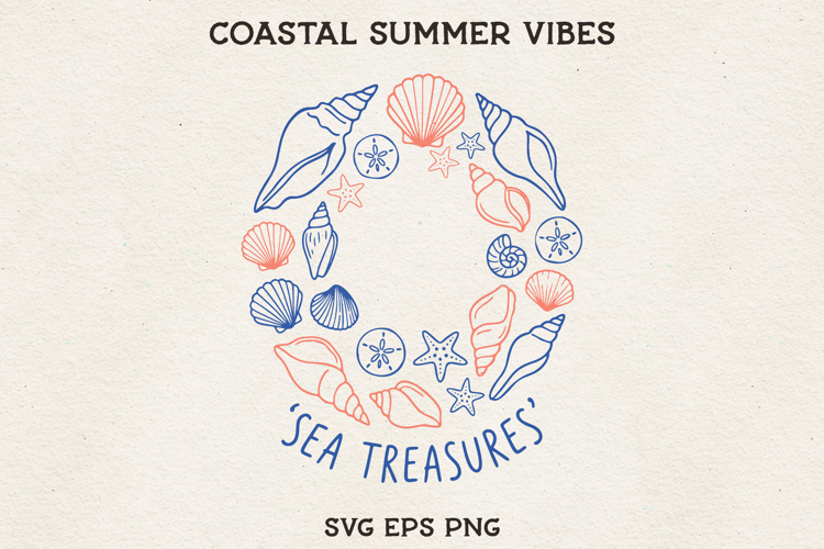 Sea Treasures SVG Seashell Wreath Clipart, Coastal Beach
