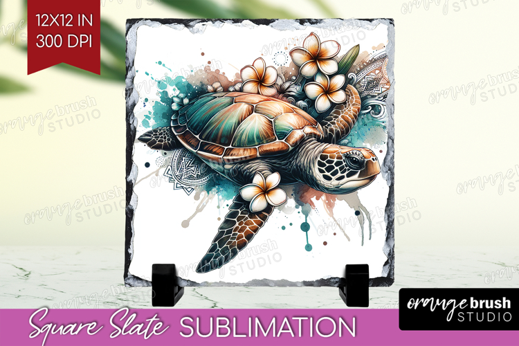 Sea Turtle Floral Slate PNG Tropical Square Slate