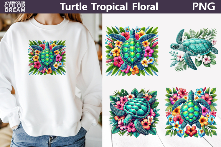 Tropical Sea Turtle Clipart | Floral Sublimation