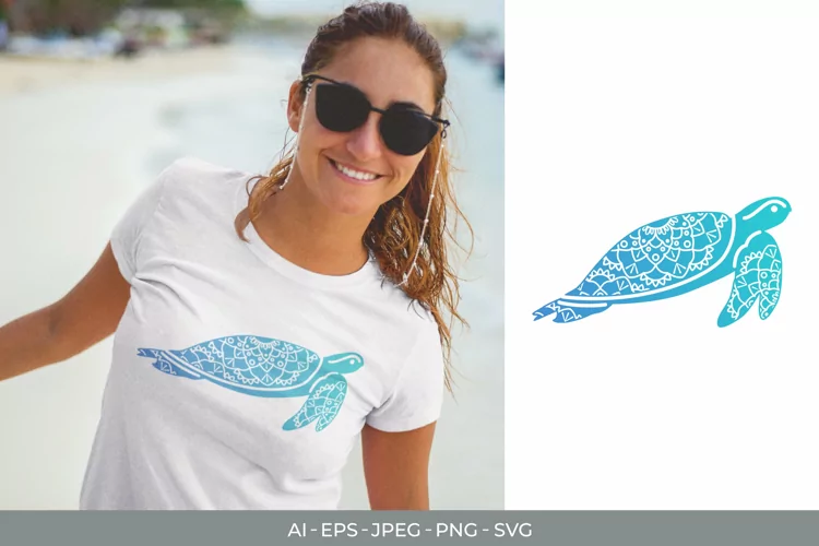 Mandala Sea Turtle in Blue Gradient, Beach Shirt Design