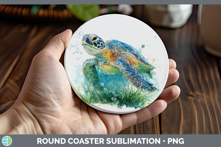 Green Sea Turtle Sketch Round Coaster Sublimation Design