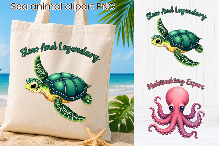 Sea Turtle and Octopus Clipart PNG Design