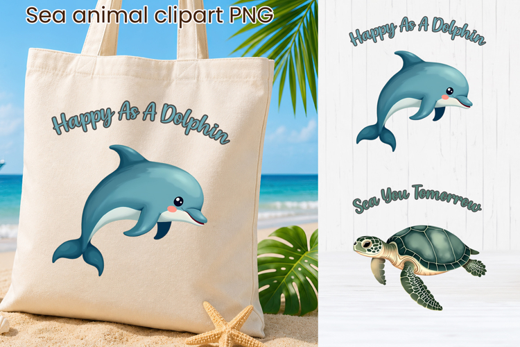 Sea Turtle and Dolphin Clipart PNG | Cute Ocean Animal