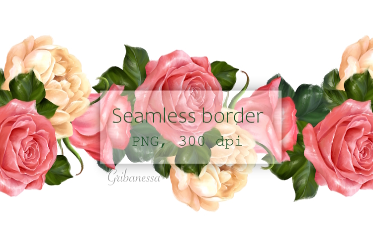 Elegant Hand-Drawn Pink and Cream Rose Seamless Border