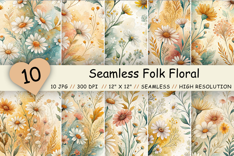 Seamless Folk Floral Pattern Digital Paper