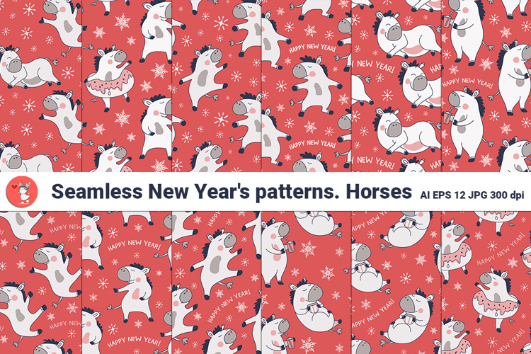 Seamless New Years patterns. Horses