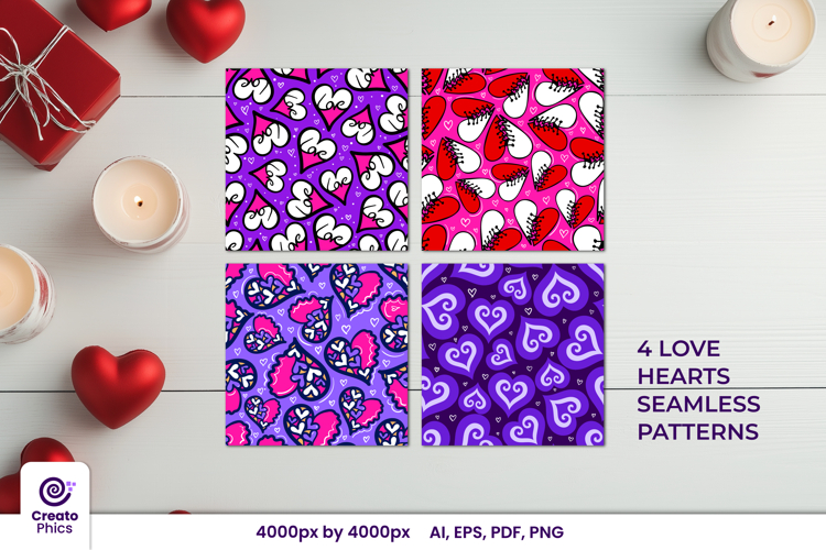 4 love hearts seamless patterns | vector digital papers