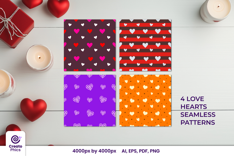 4 love hearts seamless patterns | vector digital papers