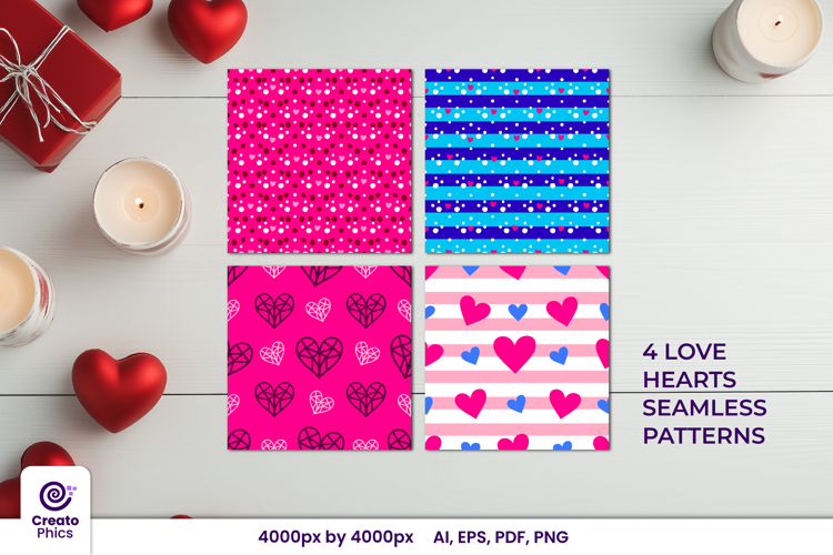 4 love hearts seamless patterns | vector digital papers
