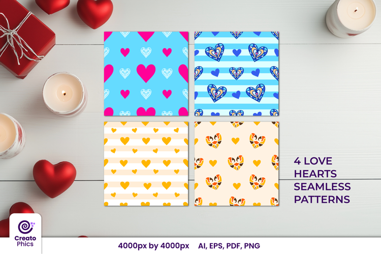 4 love hearts seamless patterns | vector digital papers