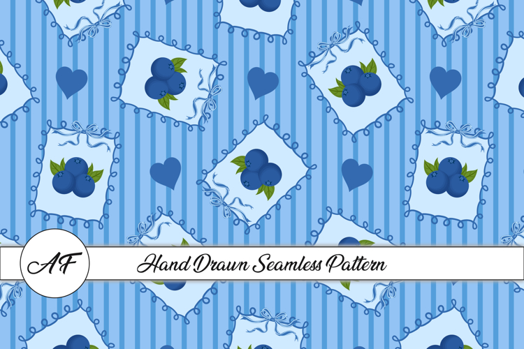 Blueberry & Heart Seamless Pattern | Fruit Digital Paper