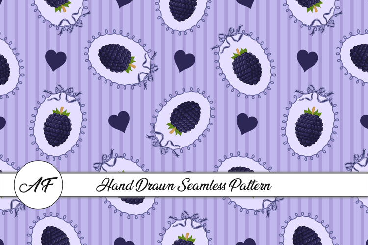 Blackberry & Heart Seamless Pattern | Fruit Digital Paper