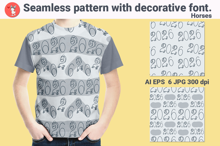 Seamless pattern with decorative font. Horses