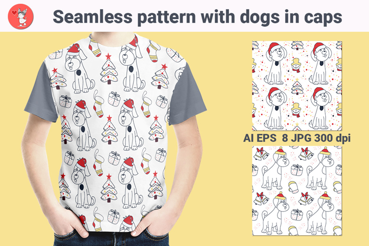 Seamless pattern with dogs in caps