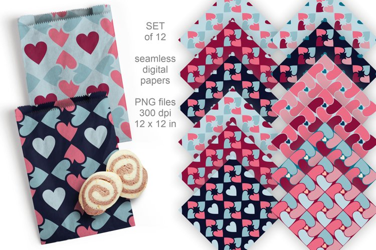 Seamless Patterns Made of Hearts Digital Paper Set of 12 PNG