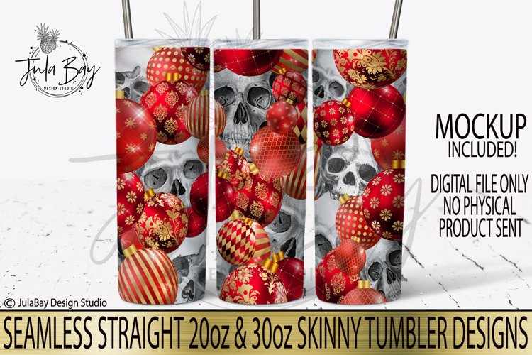Seamless Skinny Tumbler Design Skulls and Christmas Ornaments Sublimation Design PNG Tumbler Wrap