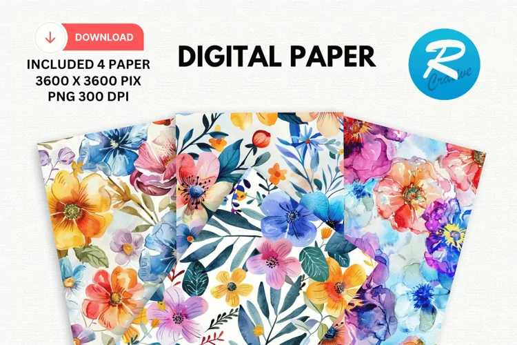 Watercolor Floral Digital Paper, Floral Background