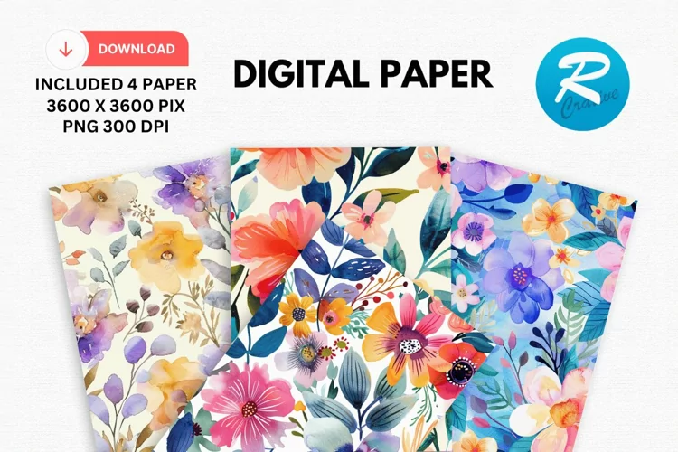 Watercolor Floral Digital Paper, Floral Background