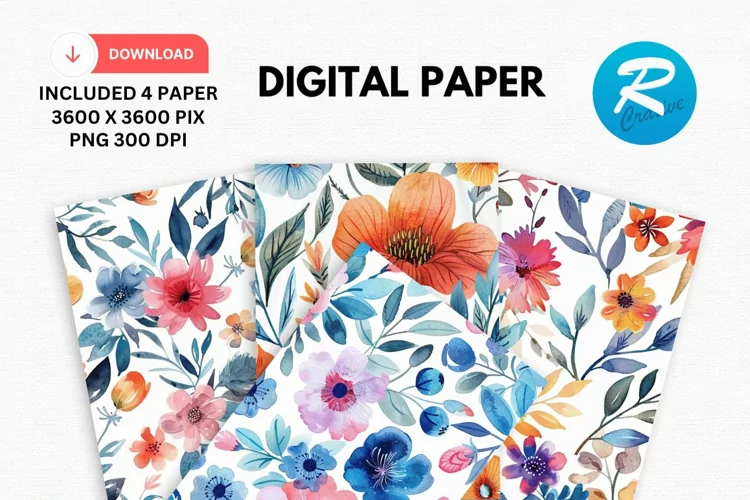 Watercolor Floral Digital Paper, Floral Background