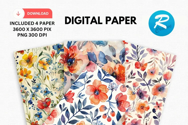 Watercolor Floral Digital Paper, Floral Background