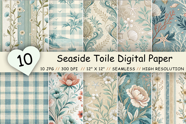 Seaside Toile Digital Paper Pack, Vintage Floral Toile