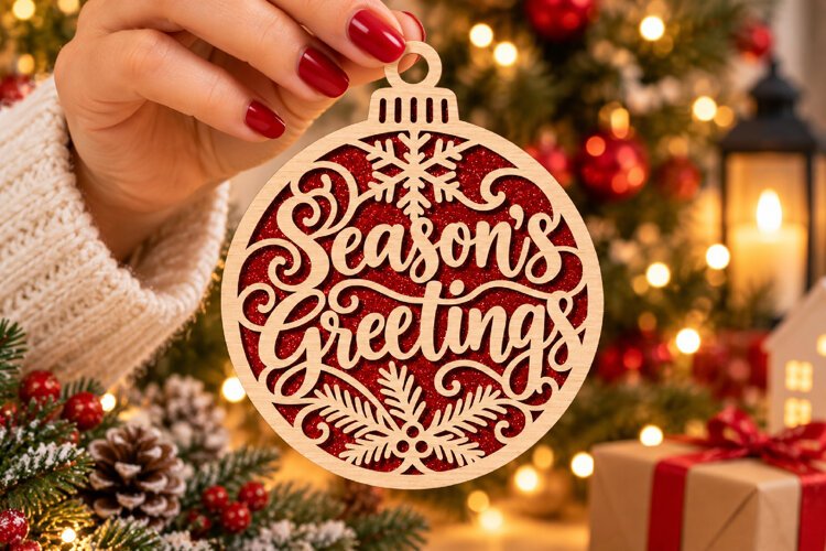 Season Greetings Bauble Laser Cut Wood File, Christmas SVG example image 1