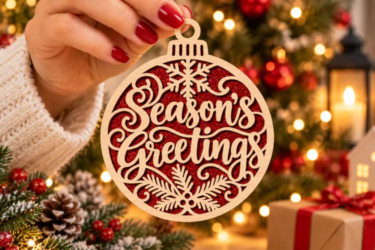 Season Greetings Bauble Laser Cut Wood File, Christmas SVG