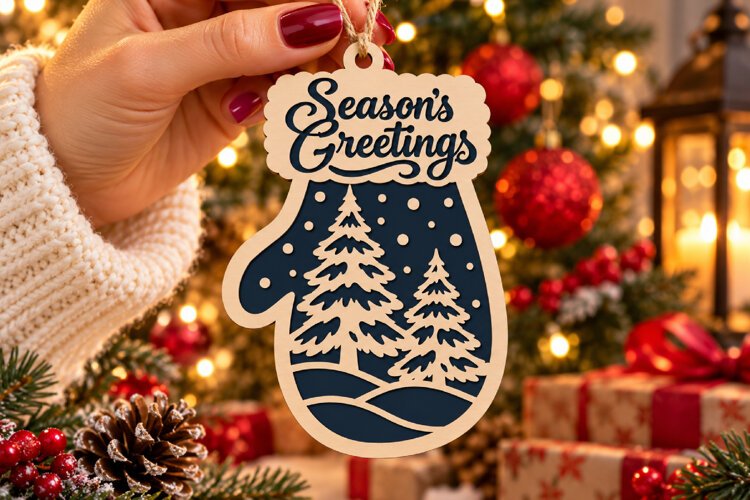 Season Greetings Mitten Laser Cut Wood File, Christmas SVG example image 1