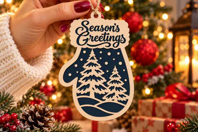 Season Greetings Mitten Laser Cut Wood File, Christmas SVG