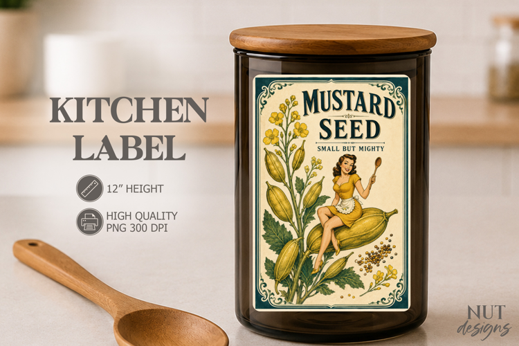 Pin up girl Vintage Mustard Seed Spice Kitchen Label pantry