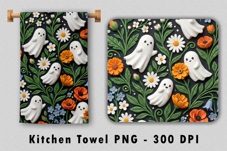 Clay Floral Ghost Kitchen Towel Sublimation PNG