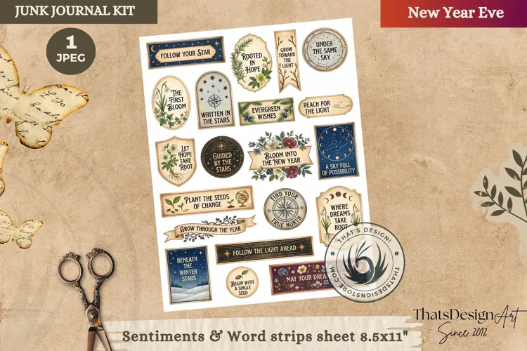 Vintage New Year Junk Journal Page ephemera fussy cut