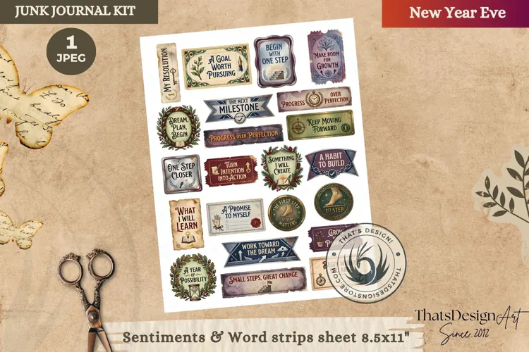 Vintage New Year Junk Journal Page ephemera fussy cut