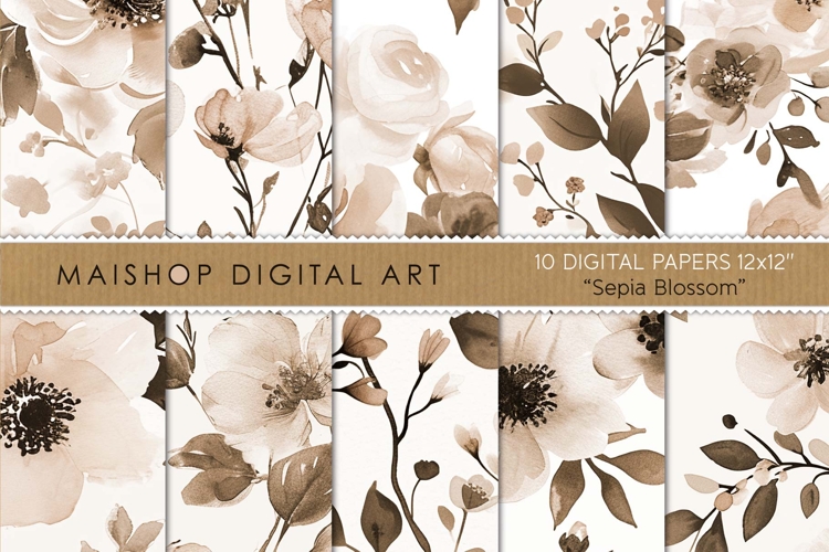 Sepia Blossom Watercolor Floral Digital Papers