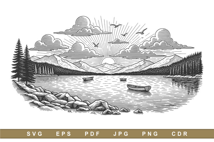 Serene lake reflects distant mountains and flying birds example image 1