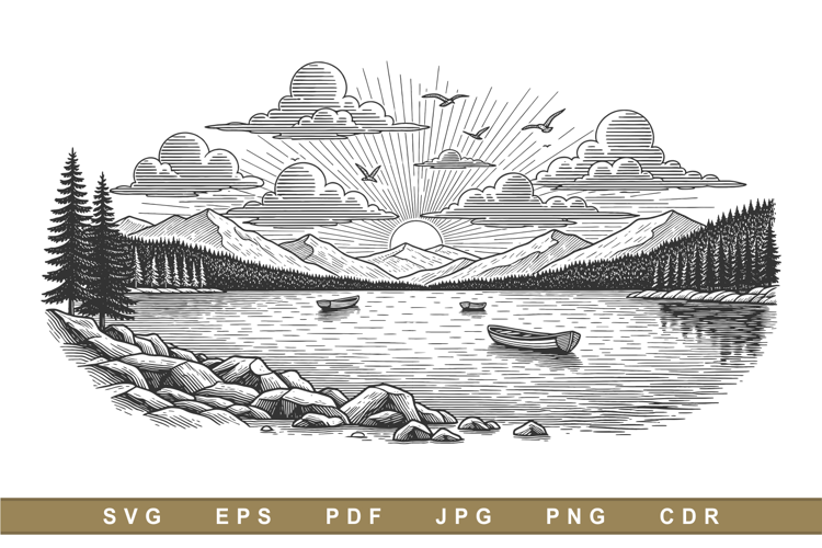 Serene lake reflects distant mountains and flying birds