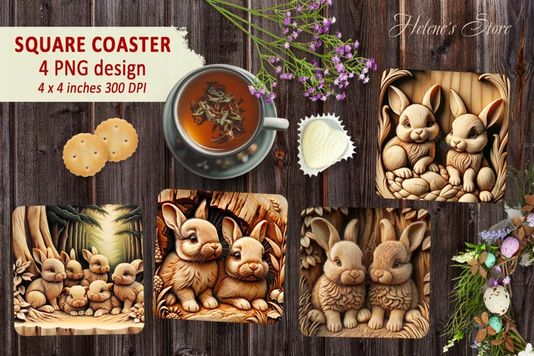Easter bunny Square Coaster sublimation | Wooden coaster