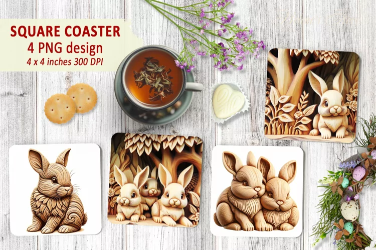 Easter bunny Square Coaster sublimation | Wooden coaster